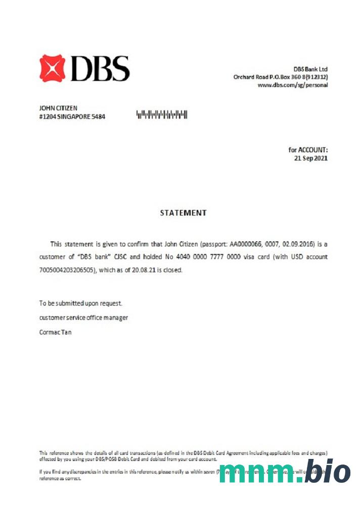 Przykład odniesienia do zamknięcia banku Singapore DBS w formatach Word i PDF